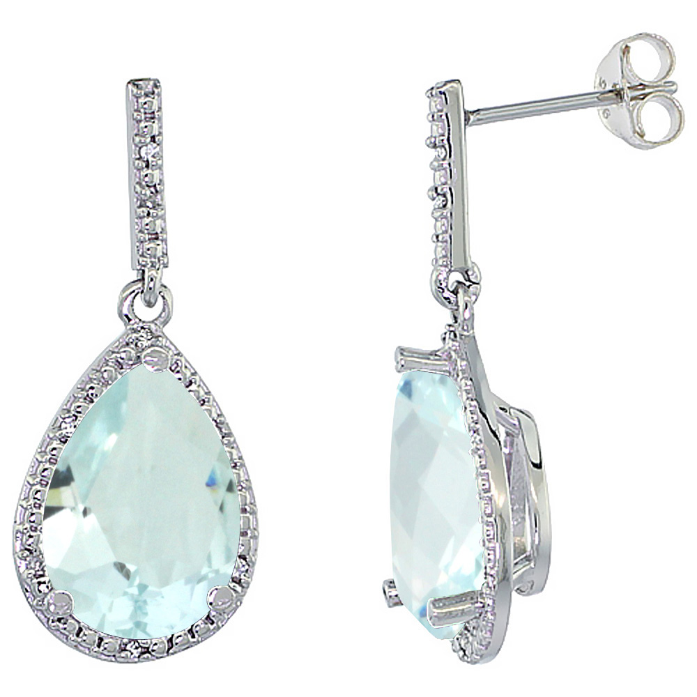 10K White Gold Diamond Halo Natural Aquamarine Dangle Earrings Pear Shaped 12x8 mm