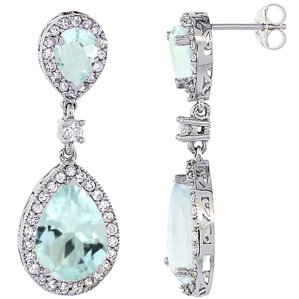 14K WHITE GOLD NATURAL AQUAMARINE TEARDROP EARRINGS WHITE SAPPHIRE & DIAMOND