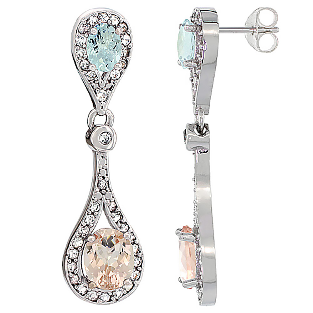 14K WHITE GOLD NATURAL MORGANITE & AQUAMARINE OVAL DANGLING EARRINGS WHITE SAPPHIRE & DIAMOND ACCENTS, 1 3/8 INCHES LONG