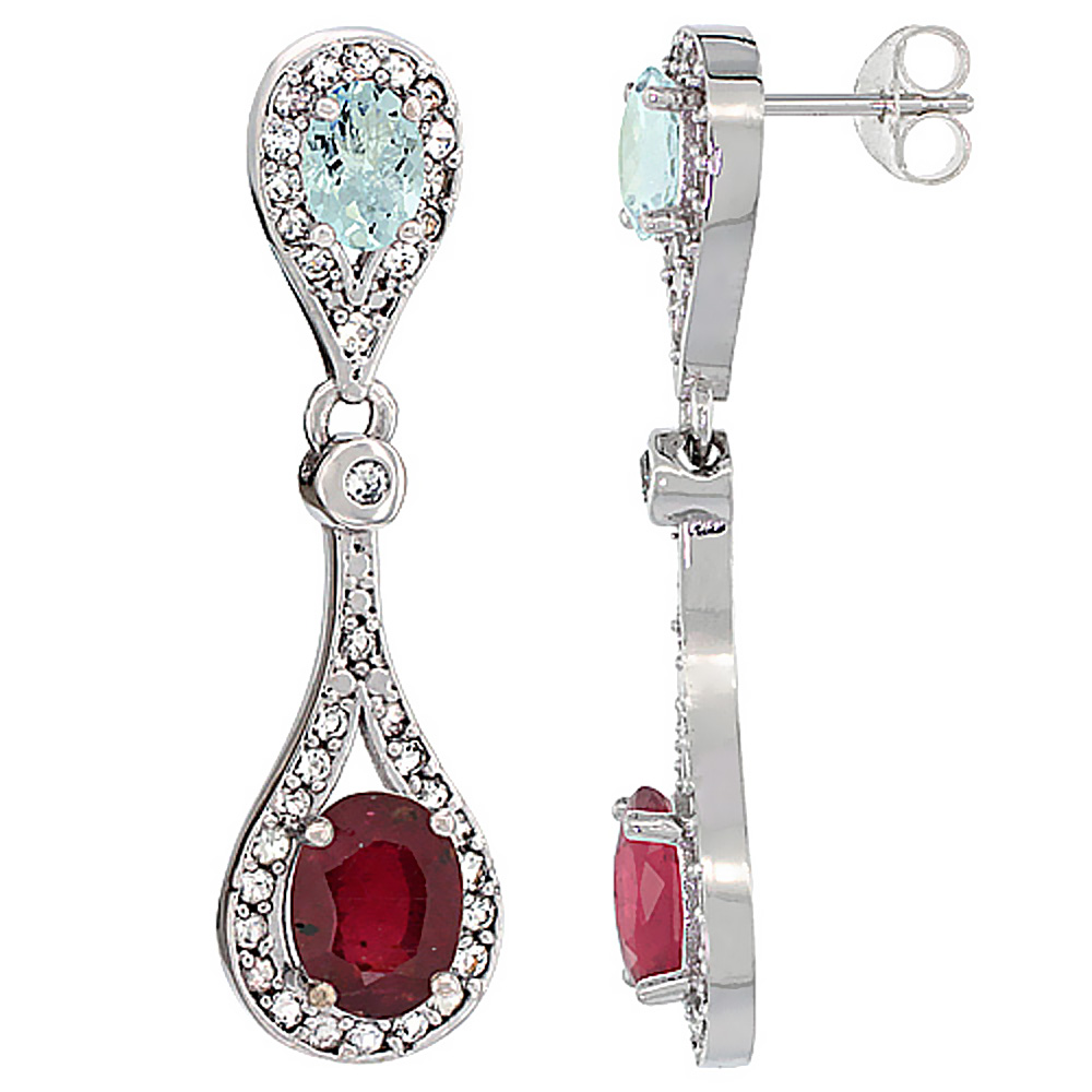 14K WHITE GOLD ENHANCED RUBY & AQUAMARINE OVAL DANGLING EARRINGS WHITE SAPPHIRE & DIAMOND ACCENTS, 1 3/8 INCHES LONG