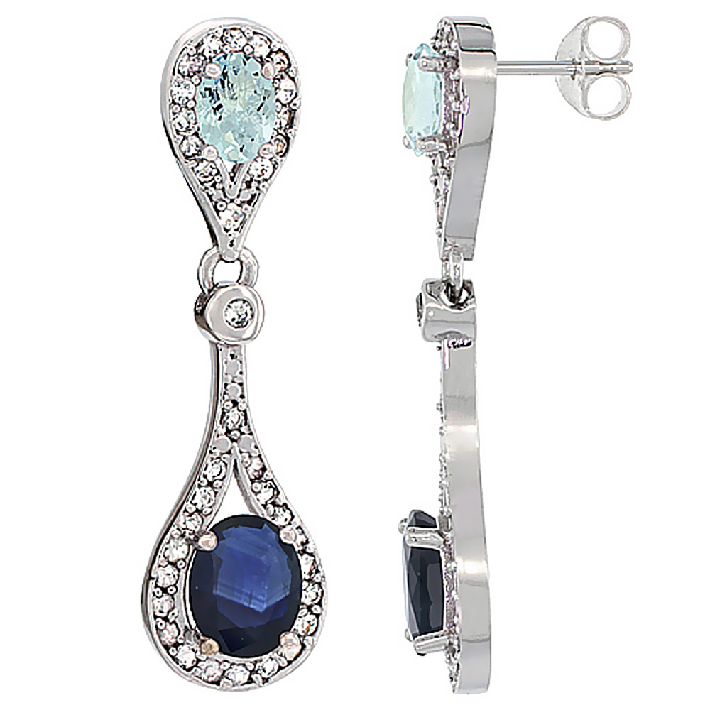 14K WHITE GOLD NATURAL BLUE SAPPHIRE & AQUAMARINE OVAL DANGLING EARRINGS WHITE SAPPHIRE & DIAMOND ACCENTS, 1 3/8 INCHES LONG
