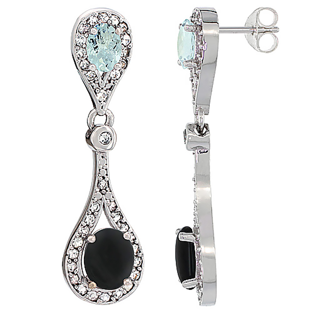 14K WHITE GOLD NATURAL BLACK ONYX & AQUAMARINE OVAL DANGLING EARRINGS WHITE SAPPHIRE & DIAMOND ACCENTS, 1 3/8 INCHES LONG