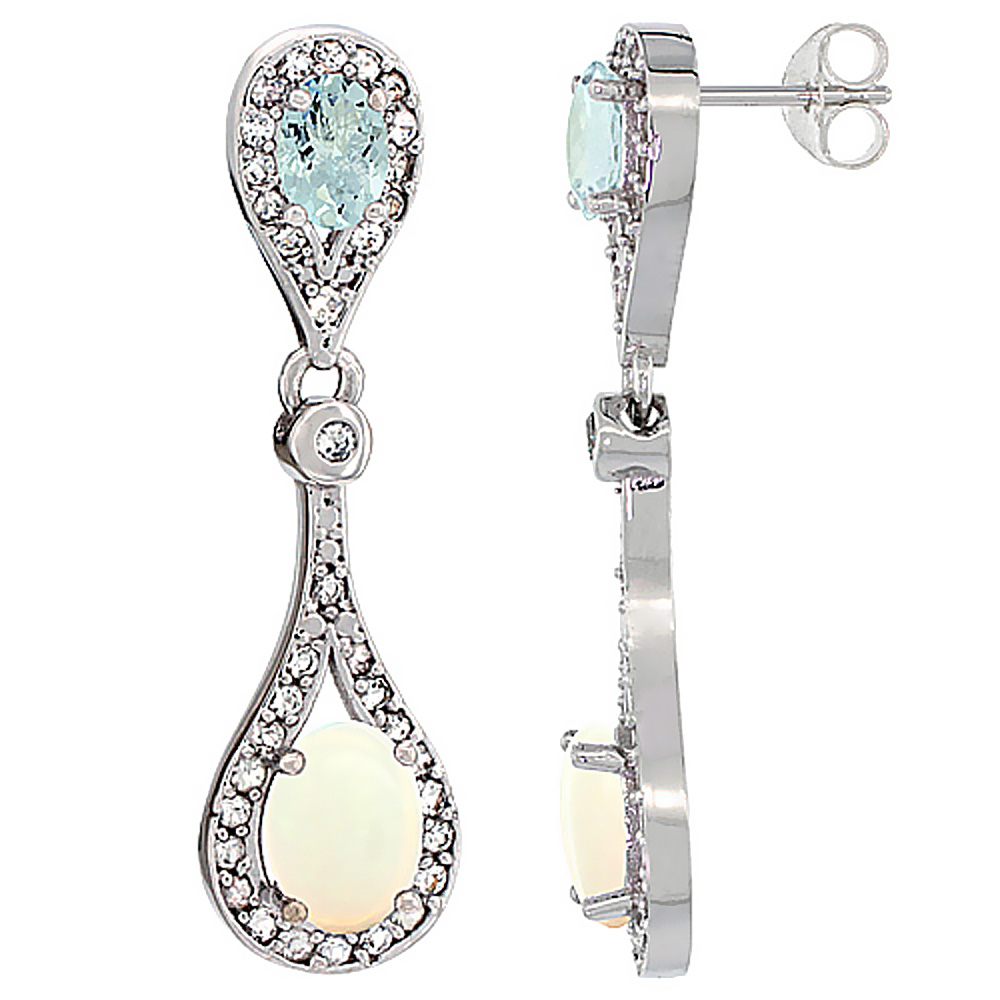 14K WHITE GOLD NATURAL OPAL & AQUAMARINE OVAL DANGLING EARRINGS WHITE SAPPHIRE & DIAMOND ACCENTS, 1 3/8 INCHES LONG