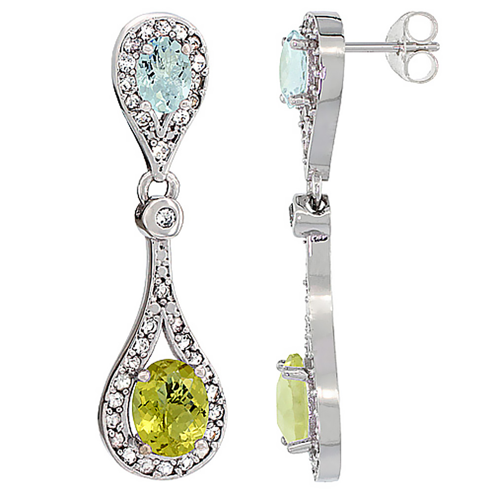 14K WHITE GOLD NATURAL LEMON QUARTZ & AQUAMARINE OVAL DANGLING EARRINGS WHITE SAPPHIRE & DIAMOND ACCENTS, 1 3/8 INCHES LONG