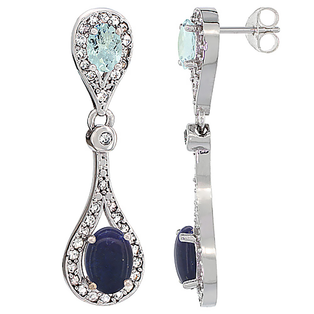 14K WHITE GOLD NATURAL LAPIS & AQUAMARINE OVAL DANGLING EARRINGS WHITE SAPPHIRE & DIAMOND ACCENTS, 1 3/8 INCHES LONG