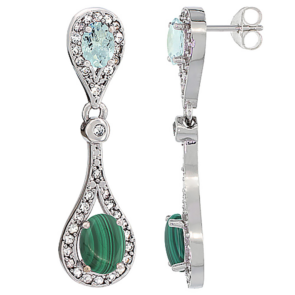 14K WHITE GOLD NATURAL MALACHITE & AQUAMARINE OVAL DANGLING EARRINGS WHITE SAPPHIRE & DIAMOND ACCENTS, 1 3/8 INCHES LONG