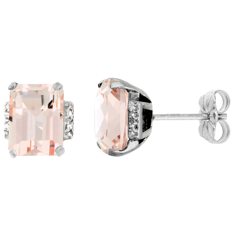 10K WHITE GOLD 0.02 CTTW DIAMOND NATURAL MORGANITE EARRINGS OCTAGON 8X6 MM