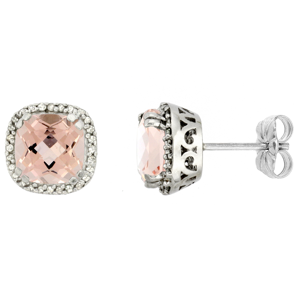 10K WHITE GOLD DIAMOND HALO NATURAL MORGANITE STUD EARRINGS CUSHION SHAPED 7X7 MM