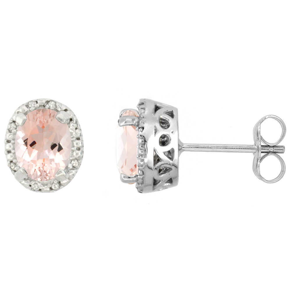 10K WHITE GOLD DIAMOND HALO NATURAL MORGANITE STUD EARRINGS OVAL 7X5 MM