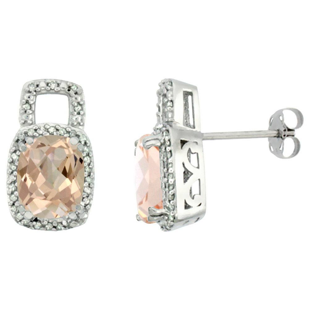 10K White Gold Diamond Natural Morganite Earrings Octagon Cushion 8x6 mm