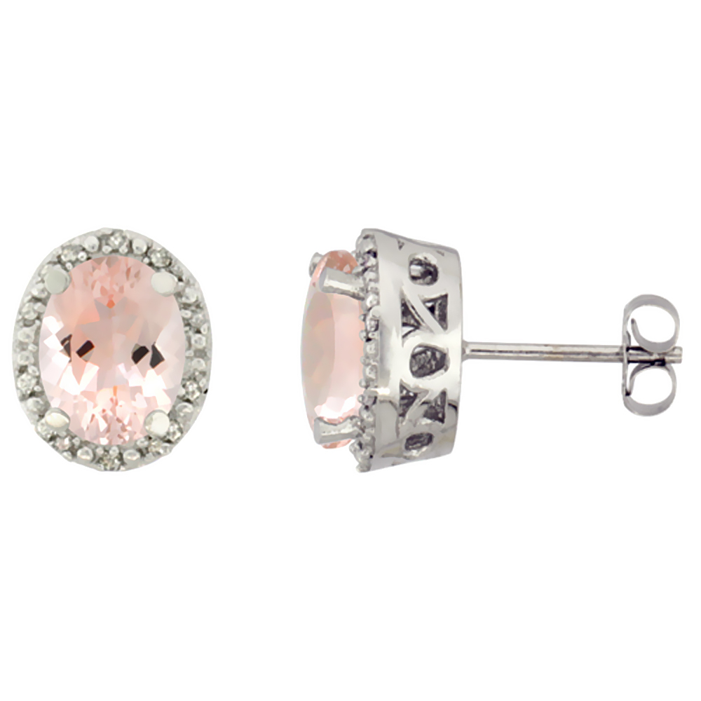 10K WHITE GOLD GENUINE MORGANITE STUD EARRINGS DIAMOND HALO OVAL 8X6 MM