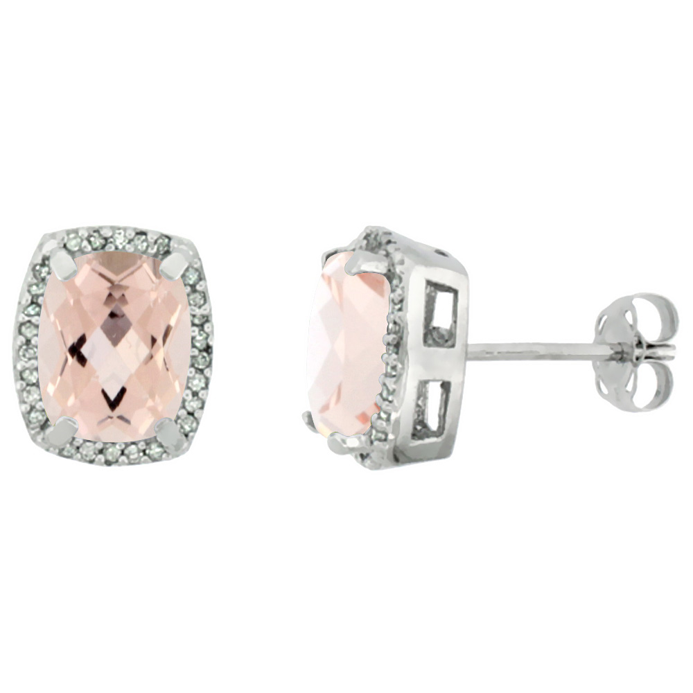 10K White Gold Diamond Natural Morganite Earrings Octagon Cushion 8x6 mm