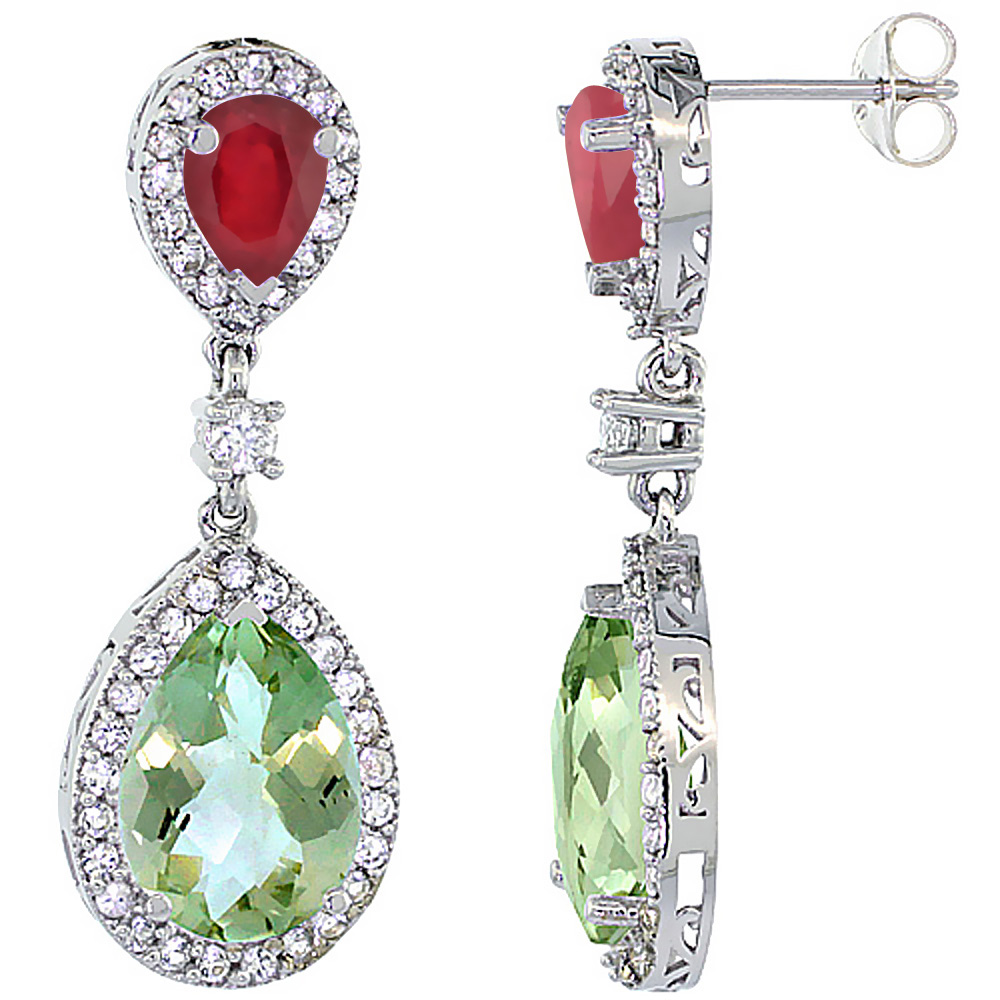 10K WHITE GOLD NATURAL GREEN AMETHYST & ENHANCED RUBY TEARDROP EARRINGS WHITE SAPPHIRE & DIAMOND