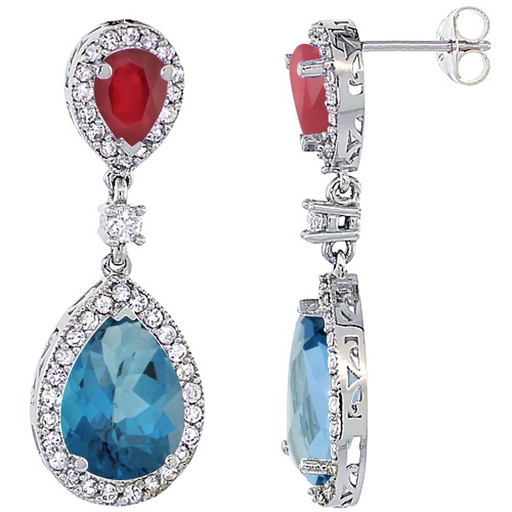 14K White Gold Natural London Blue Topaz &amp; Enhanced Ruby Teardrop Earrings White Sapphire &amp; Diamond