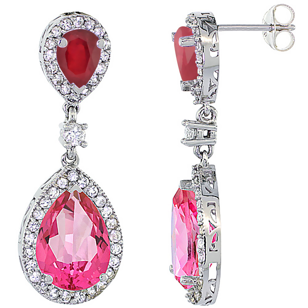 14K White Gold Natural Pink Topaz &amp; Enhanced Ruby Teardrop Earrings White Sapphire &amp; Diamond