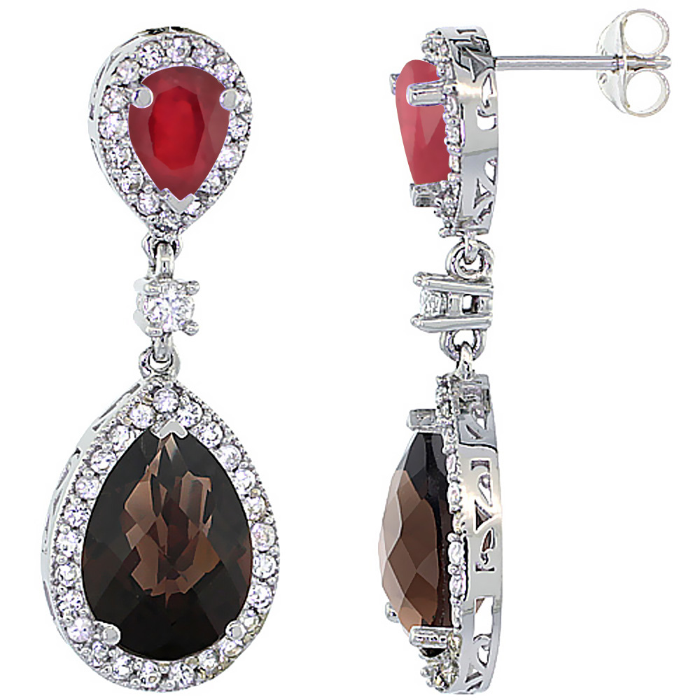 10K WHITE GOLD NATURAL SMOKY TOPAZ & ENHANCED RUBY TEARDROP EARRINGS WHITE SAPPHIRE & DIAMOND