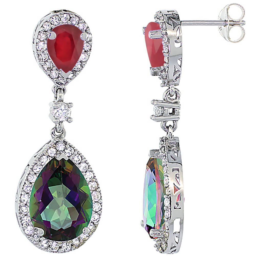 10K WHITE GOLD NATURAL MYSTIC TOPAZ & ENHANCED RUBY TEARDROP EARRINGS WHITE SAPPHIRE & DIAMOND