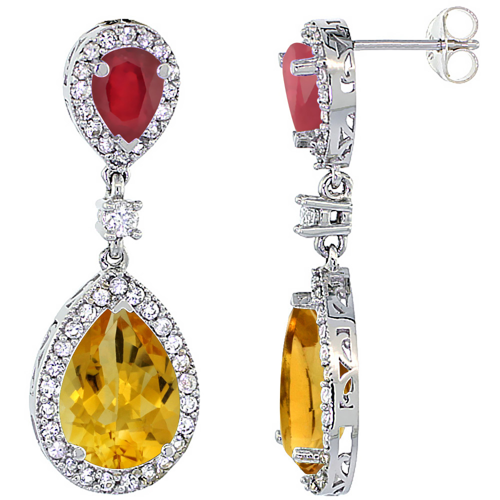 10K WHITE GOLD NATURAL CITRINE & ENHANCED RUBY TEARDROP EARRINGS WHITE SAPPHIRE & DIAMOND