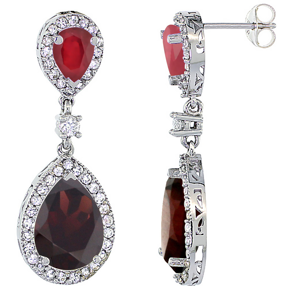 10K WHITE GOLD NATURAL GARNET & ENHANCED RUBY TEARDROP EARRINGS WHITE SAPPHIRE & DIAMOND