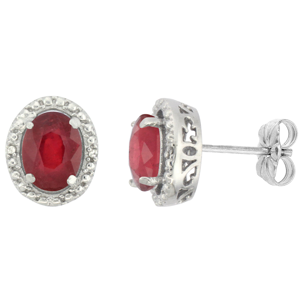 10K White Gold 0.01 cttw Diamond Enhanced Genuine Ruby Post Earrings Oval 7x5 mm