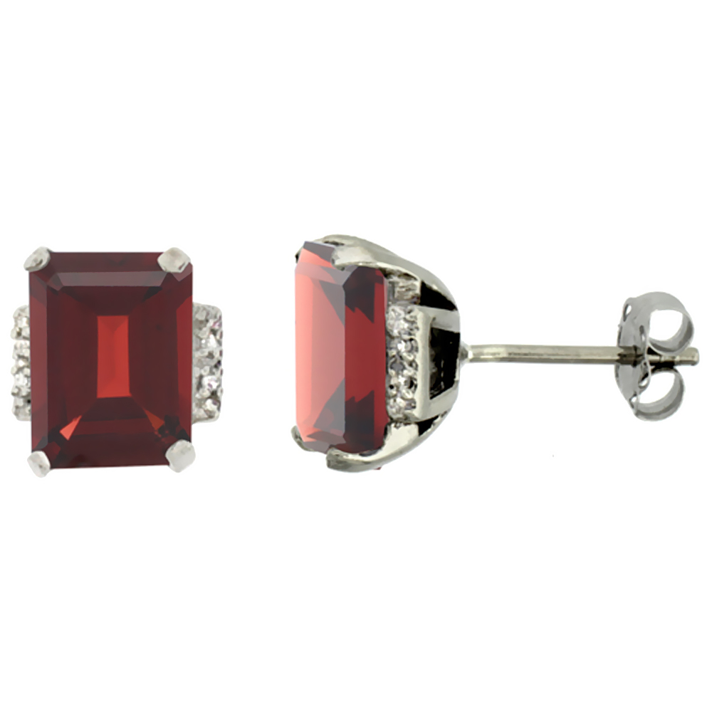 10K White Gold 0.02 cttw Diamond Enhanced Genuine Ruby Earrings Octagon 8x6 mm