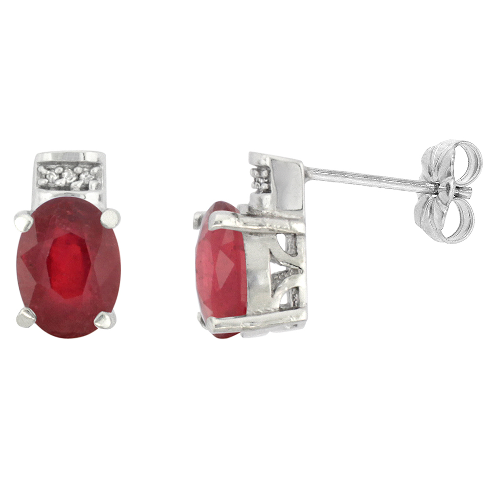 10K White Gold Diamond Enhanced Genuine Ruby Earrings Oval 8x6 mm