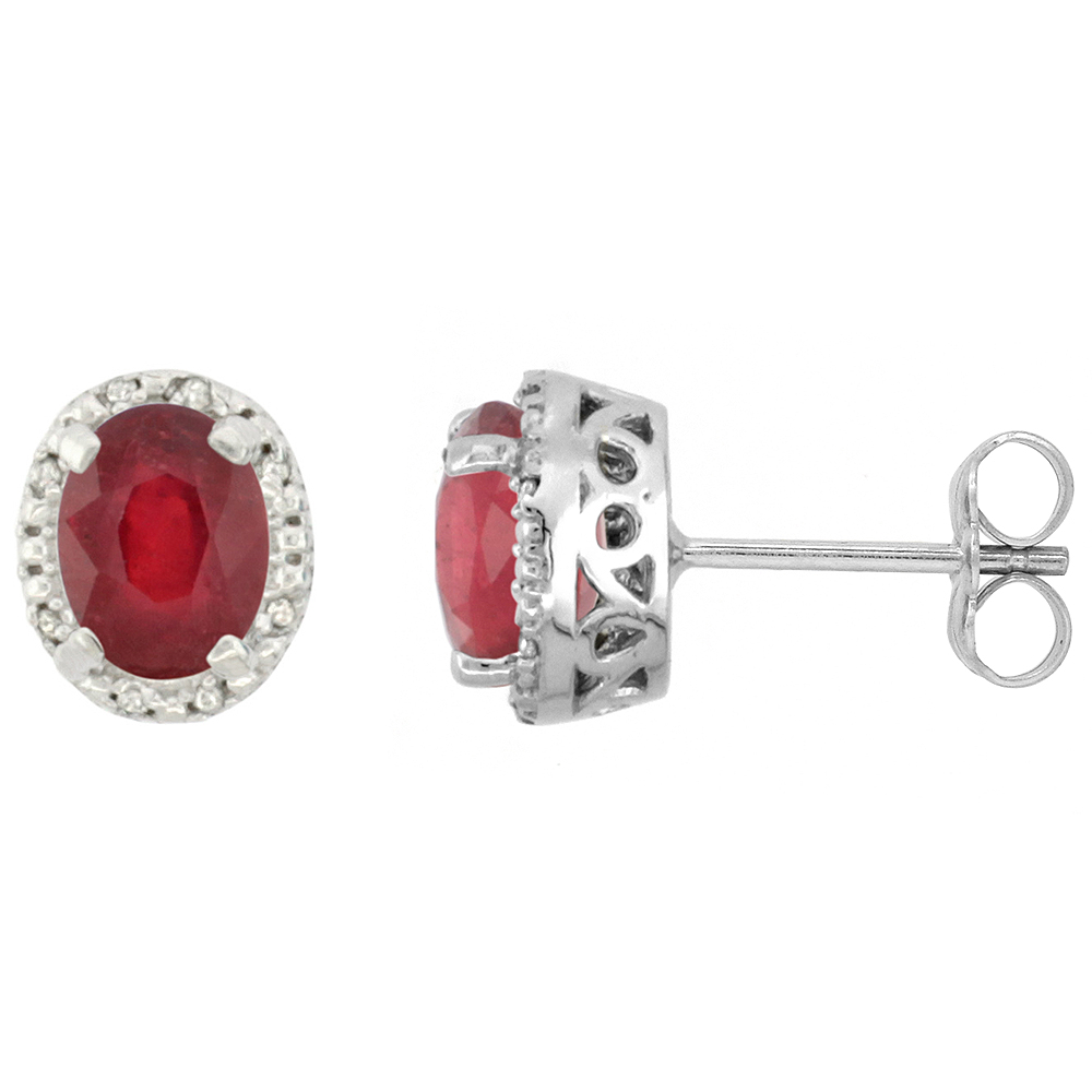 10K White Gold Diamond Halo Enhanced Genuine Ruby Stud Earrings Oval 7x5 mm