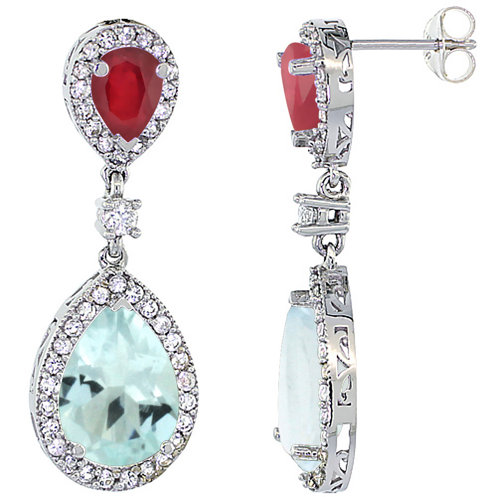 10K WHITE GOLD NATURAL AQUAMARINE & ENHANCED RUBY TEARDROP EARRINGS WHITE SAPPHIRE & DIAMOND