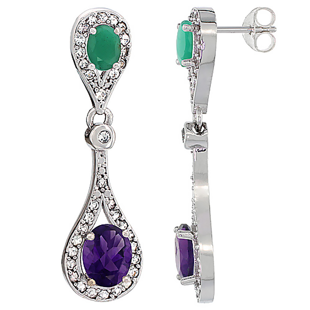 10K WHITE GOLD NATURAL AMETHYST & CABOCHON EMERALD OVAL DANGLING EARRINGS WHITE SAPPHIRE & DIAMOND ACCENTS, 1 3/8 INCHES LONG