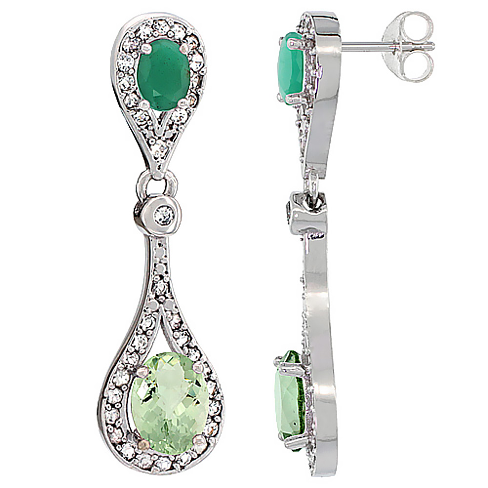 10K WHITE GOLD NATURAL GREEN AMETHYST & CABOCHON EMERALD OVAL DANGLING EARRINGS WHITE SAPPHIRE & DIAMOND ACCENTS, 1 3/8 INCHES LONG