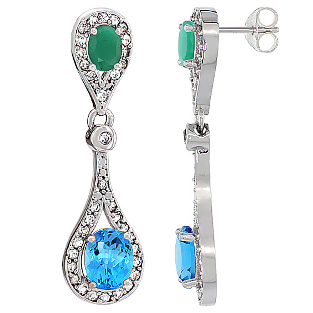 10K WHITE GOLD NATURAL SWISS BLUE TOPAZ & CABOCHON EMERALD OVAL DANGLING EARRINGS WHITE SAPPHIRE & DIAMOND ACCENTS, 1 3/8 INCHES LONG