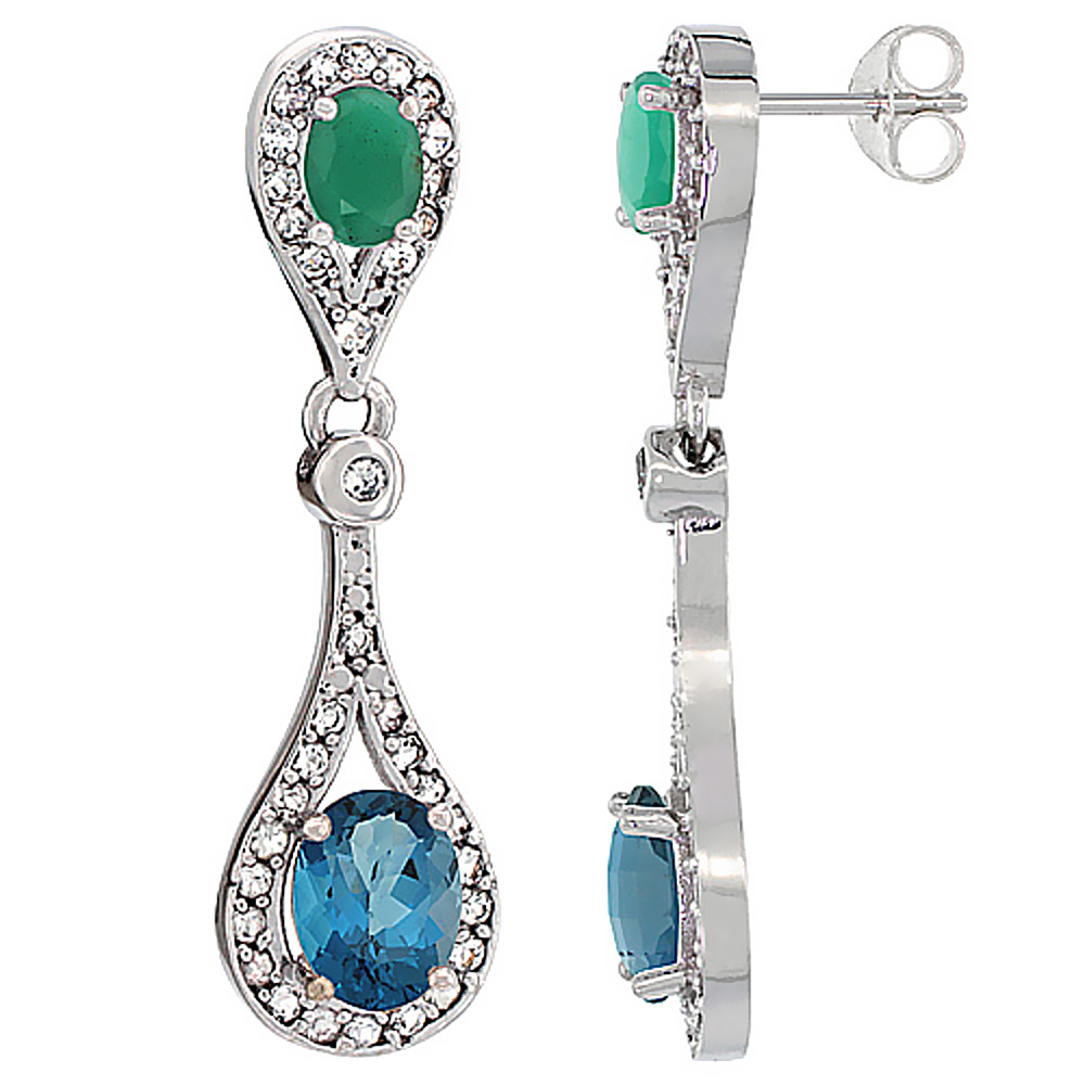 10K WHITE GOLD NATURAL LONDON BLUE TOPAZ & CABOCHON EMERALD OVAL DANGLING EARRINGS WHITE SAPPHIRE & DIAMOND ACCENTS, 1 3/8 INCHES LONG