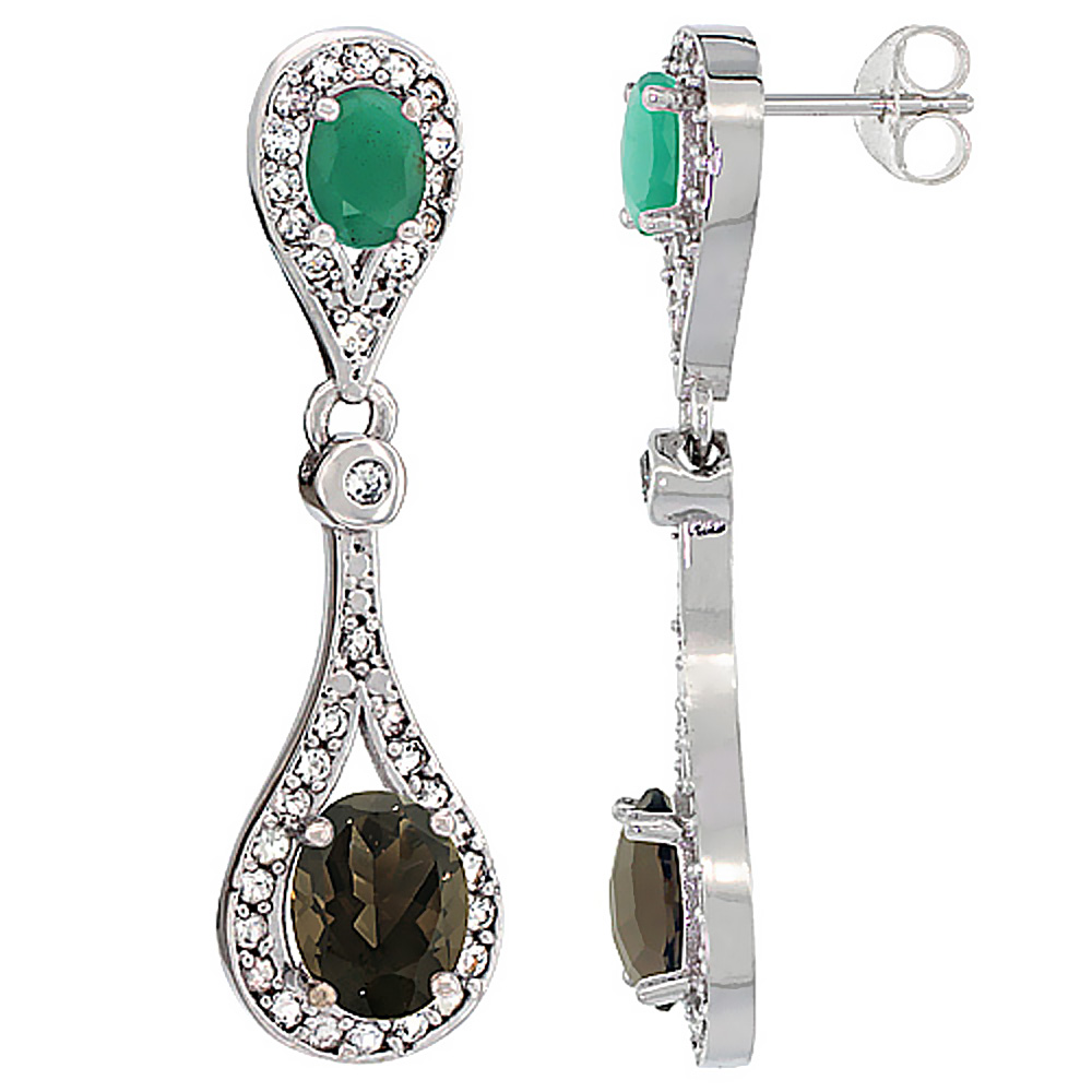 10K WHITE GOLD NATURAL SMOKY TOPAZ & CABOCHON EMERALD OVAL DANGLING EARRINGS WHITE SAPPHIRE & DIAMOND ACCENTS, 1 3/8 INCHES LONG
