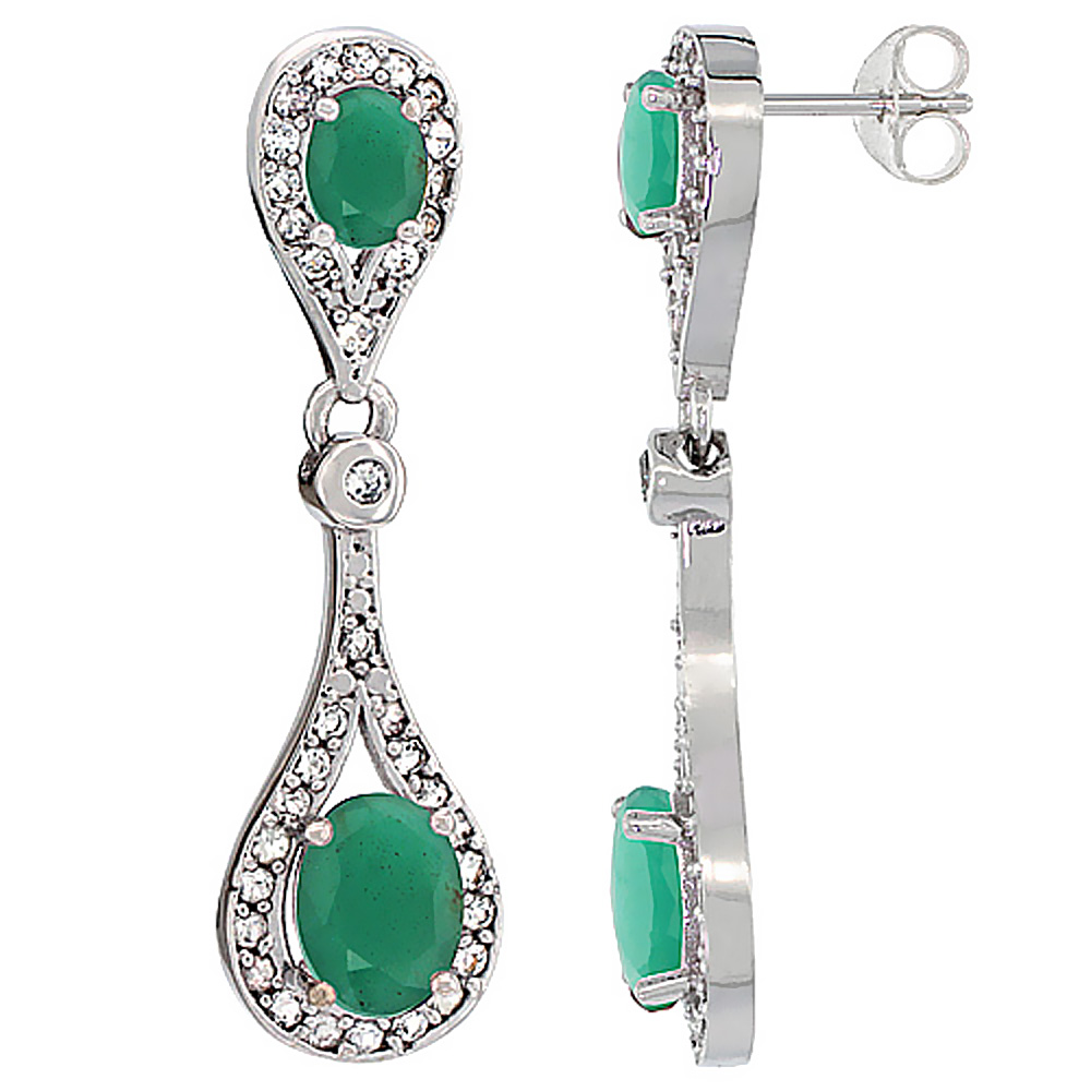 10K WHITE GOLD NATURAL MYSTIC TOPAZ & CABOCHON EMERALD OVAL DANGLING EARRINGS WHITE SAPPHIRE & DIAMOND ACCENTS, 1 3/8 INCHES LONG