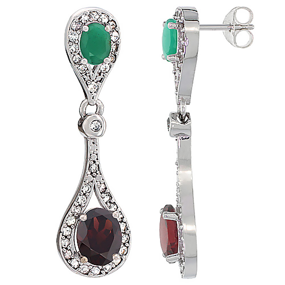 10K WHITE GOLD NATURAL GARNET & CABOCHON EMERALD OVAL DANGLING EARRINGS WHITE SAPPHIRE & DIAMOND ACCENTS, 1 3/8 INCHES LONG