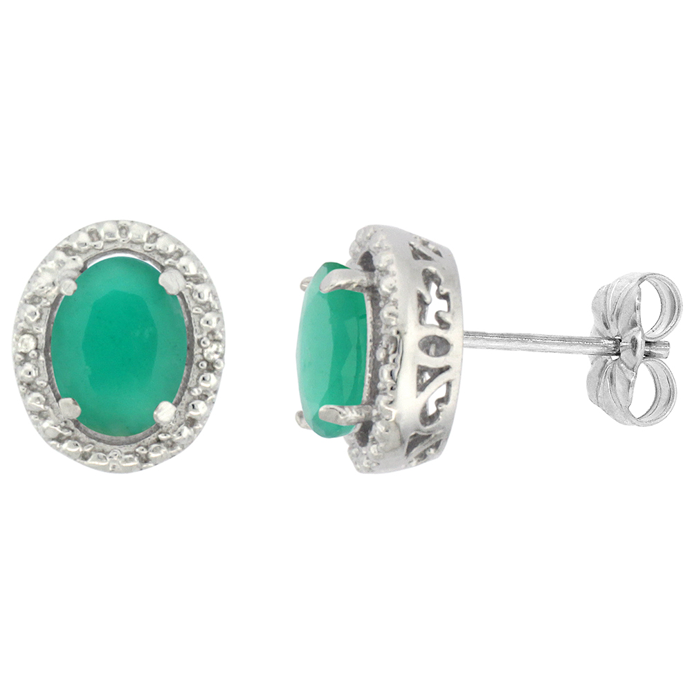 10K WHITE GOLD 0.01 CTTW DIAMOND NATURAL QUALITY EMERALD POST EARRINGS OVAL 7X5 MM