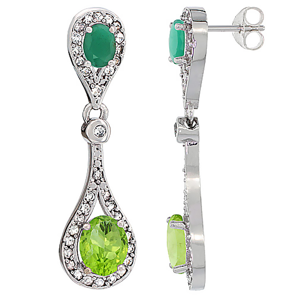 10K WHITE GOLD NATURAL PERIDOT & CABOCHON EMERALD OVAL DANGLING EARRINGS WHITE SAPPHIRE & DIAMOND ACCENTS, 1 3/8 INCHES LONG