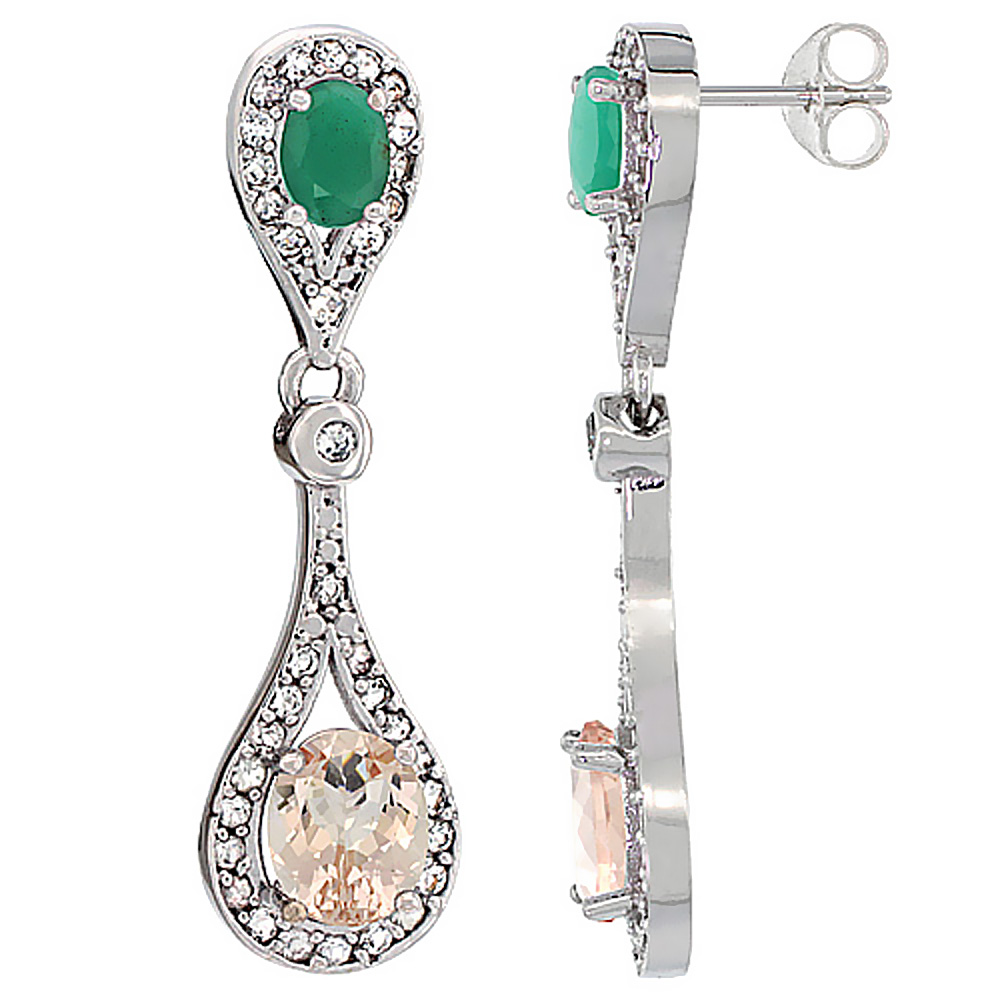 10K WHITE GOLD NATURAL MORGANITE & CABOCHON EMERALD OVAL DANGLING EARRINGS WHITE SAPPHIRE & DIAMOND ACCENTS, 1 3/8 INCHES LONG