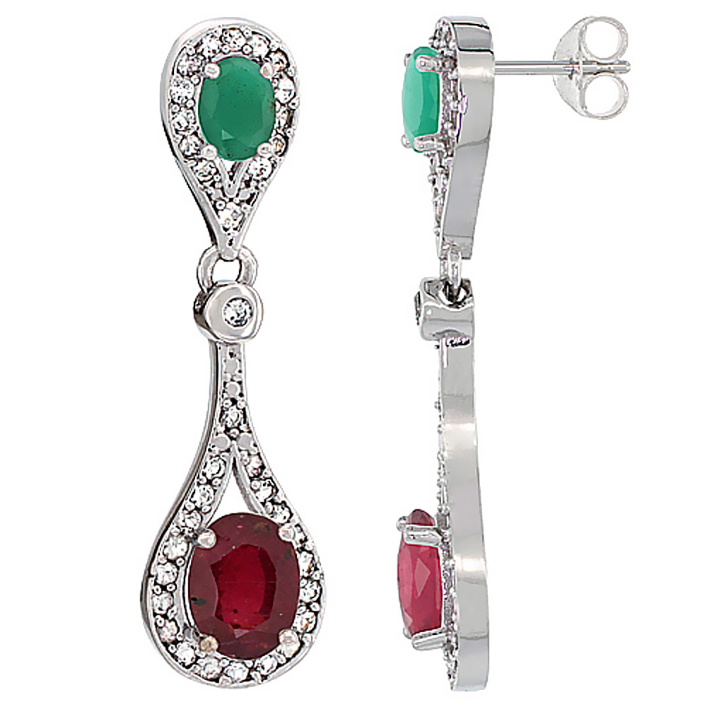 10K WHITE GOLD ENHANCED RUBY & CABOCHON EMERALD OVAL DANGLING EARRINGS WHITE SAPPHIRE & DIAMOND ACCENTS, 1 3/8 INCHES LONG