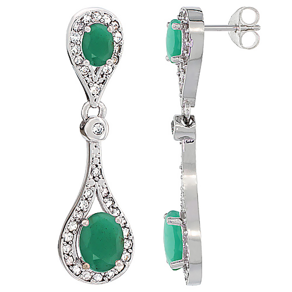 14K White Gold Natural Emerald Oval Dangling Earrings White Sapphire &amp; Diamond Accents, 1 3/8 inches long