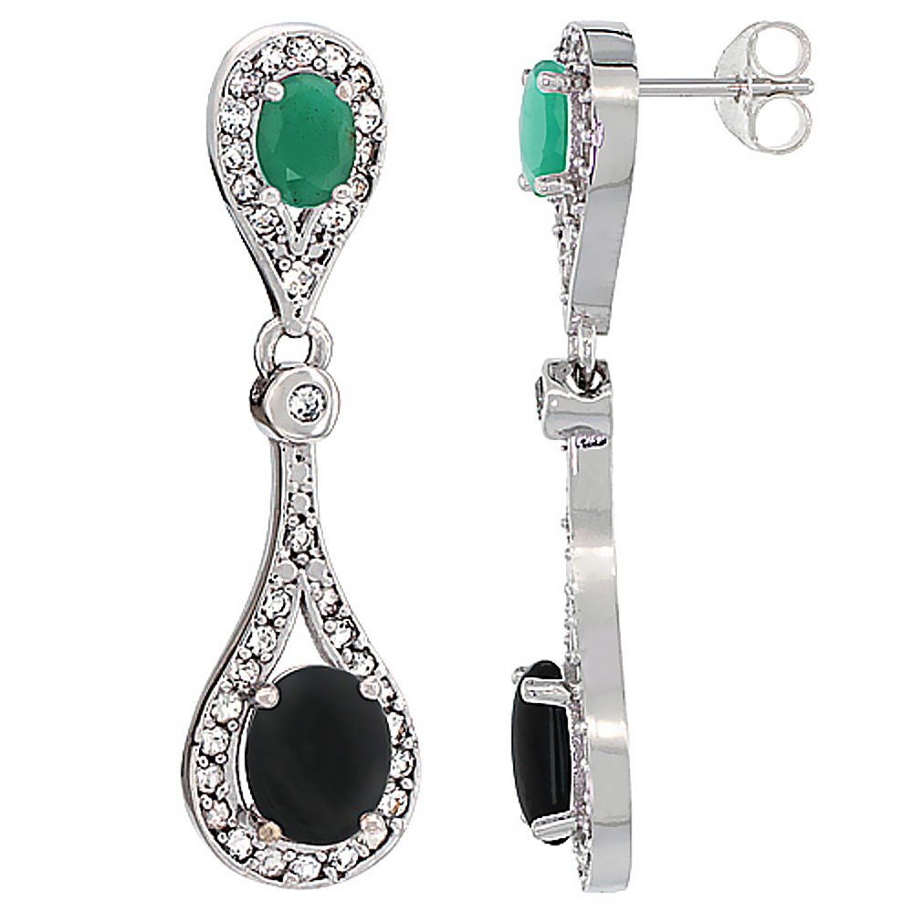 10K WHITE GOLD NATURAL BLACK ONYX & CABOCHON EMERALD OVAL DANGLING EARRINGS WHITE SAPPHIRE & DIAMOND ACCENTS, 1 3/8 INCHES LONG