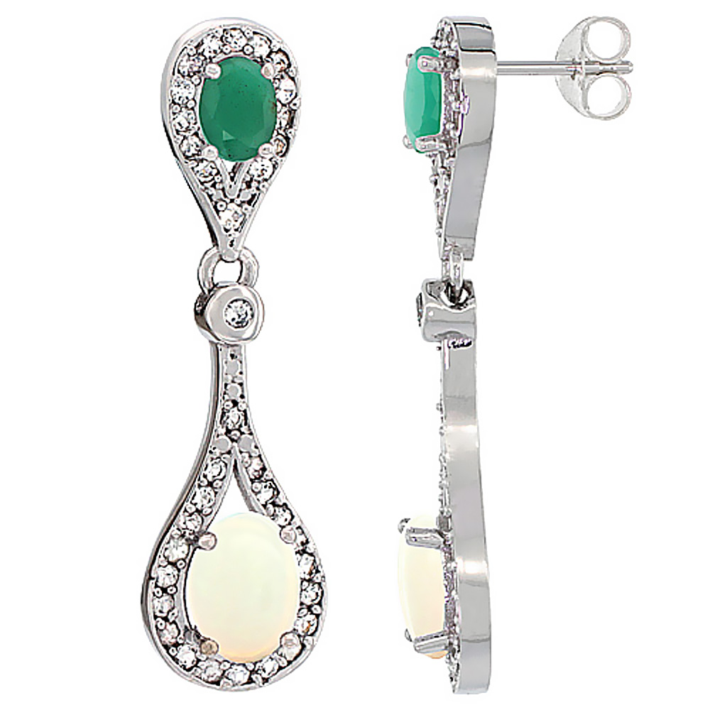 10K WHITE GOLD NATURAL OPAL & CABOCHON EMERALD OVAL DANGLING EARRINGS WHITE SAPPHIRE & DIAMOND ACCENTS, 1 3/8 INCHES LONG