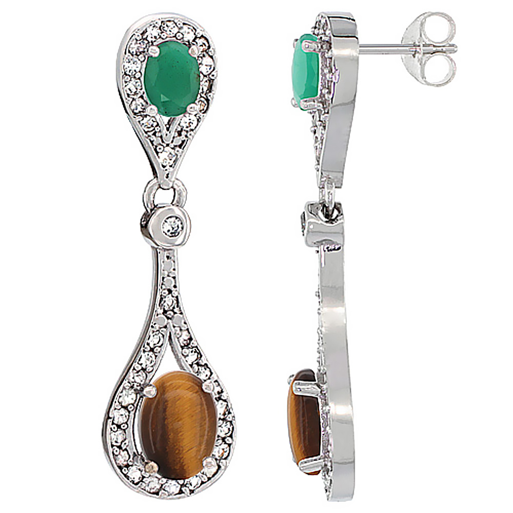 10K WHITE GOLD NATURAL TIGER EYE & CABOCHON EMERALD OVAL DANGLING EARRINGS WHITE SAPPHIRE & DIAMOND ACCENTS, 1 3/8 INCHES LONG