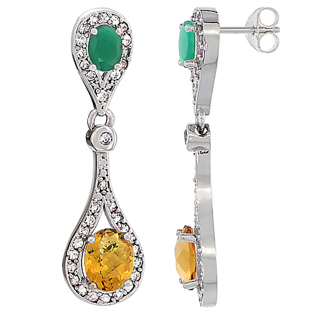 10K WHITE GOLD NATURAL WHISKY QUARTZ & CABOCHON EMERALD OVAL DANGLING EARRINGS WHITE SAPPHIRE & DIAMOND ACCENTS, 1 3/8 INCHES LONG