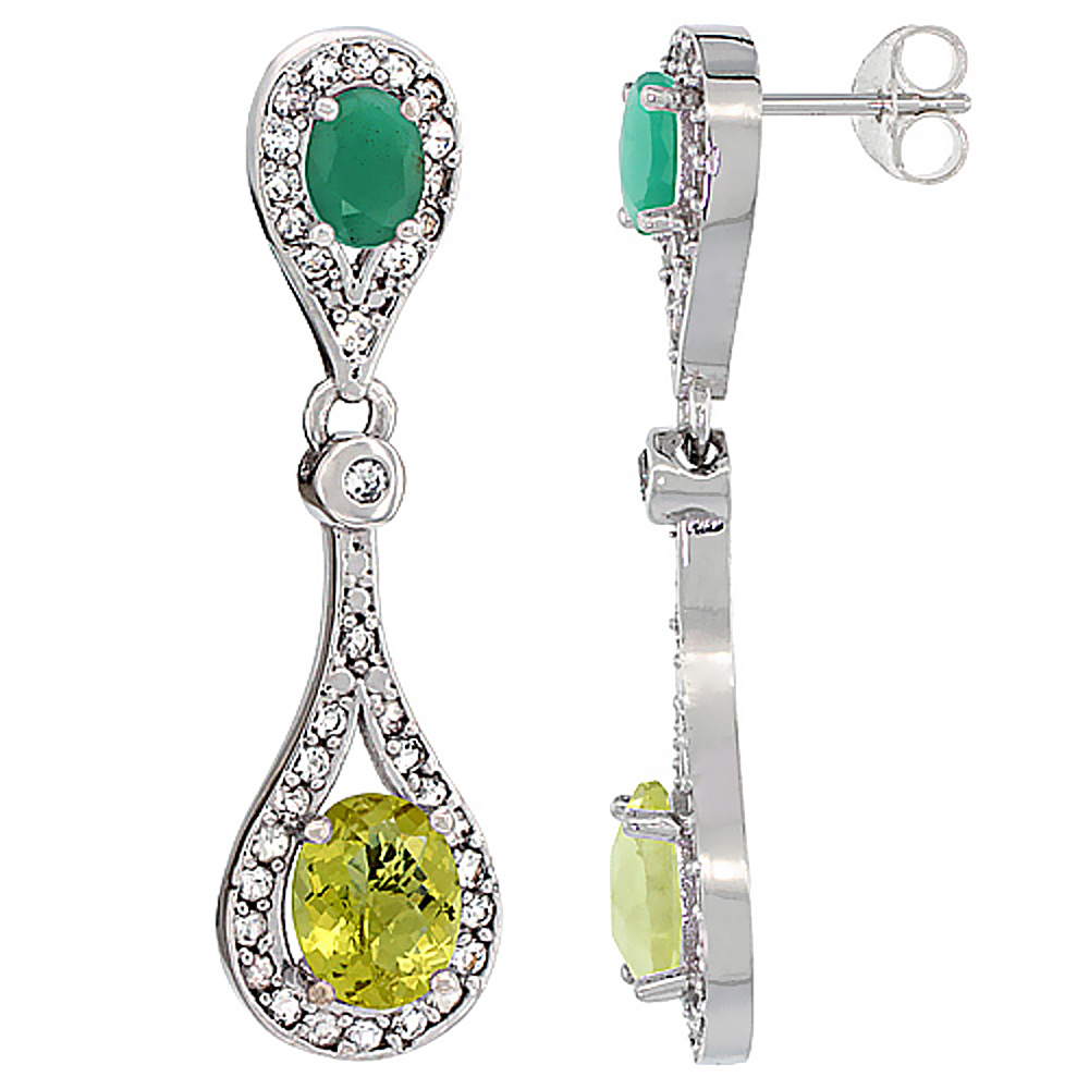 10K WHITE GOLD NATURAL LEMON QUARTZ & CABOCHON EMERALD OVAL DANGLING EARRINGS WHITE SAPPHIRE & DIAMOND ACCENTS, 1 3/8 INCHES LONG