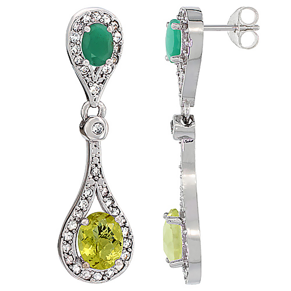 10K White Gold Natural Lemon Quartz & Emerald Oval Dangling Earrings White Sapphire & Diamond Accents, 1 3/8 inches long
