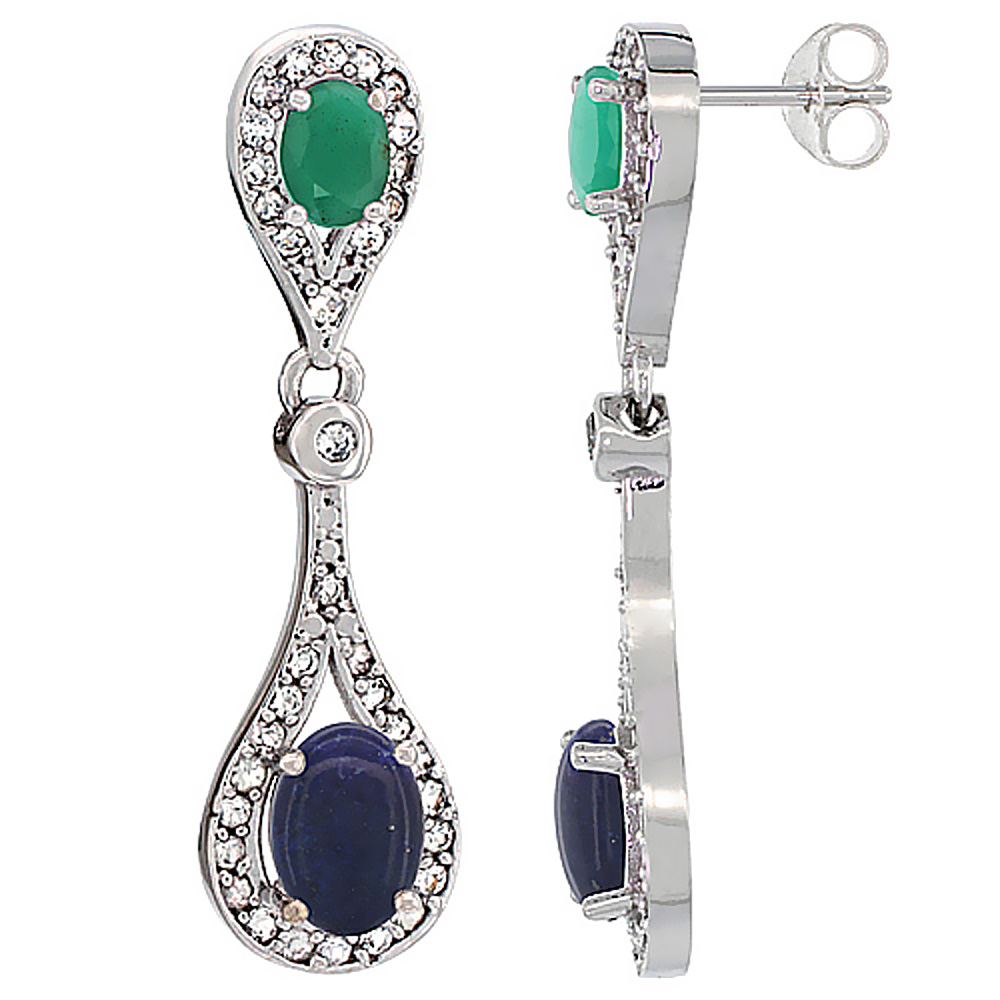 10K WHITE GOLD NATURAL LAPIS & CABOCHON EMERALD OVAL DANGLING EARRINGS WHITE SAPPHIRE & DIAMOND ACCENTS, 1 3/8 INCHES LONG