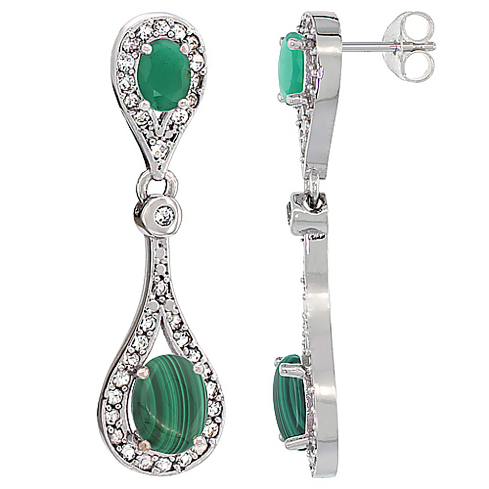 10K WHITE GOLD NATURAL MALACHITE & CABOCHON EMERALD OVAL DANGLING EARRINGS WHITE SAPPHIRE & DIAMOND ACCENTS, 1 3/8 INCHES LONG