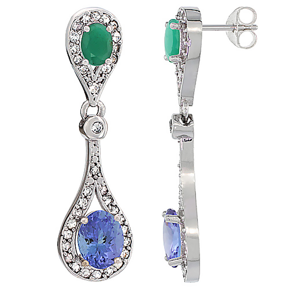 10K WHITE GOLD NATURAL TANZANITE & CABOCHON EMERALD OVAL DANGLING EARRINGS WHITE SAPPHIRE & DIAMOND ACCENTS, 1 3/8 INCHES LONG