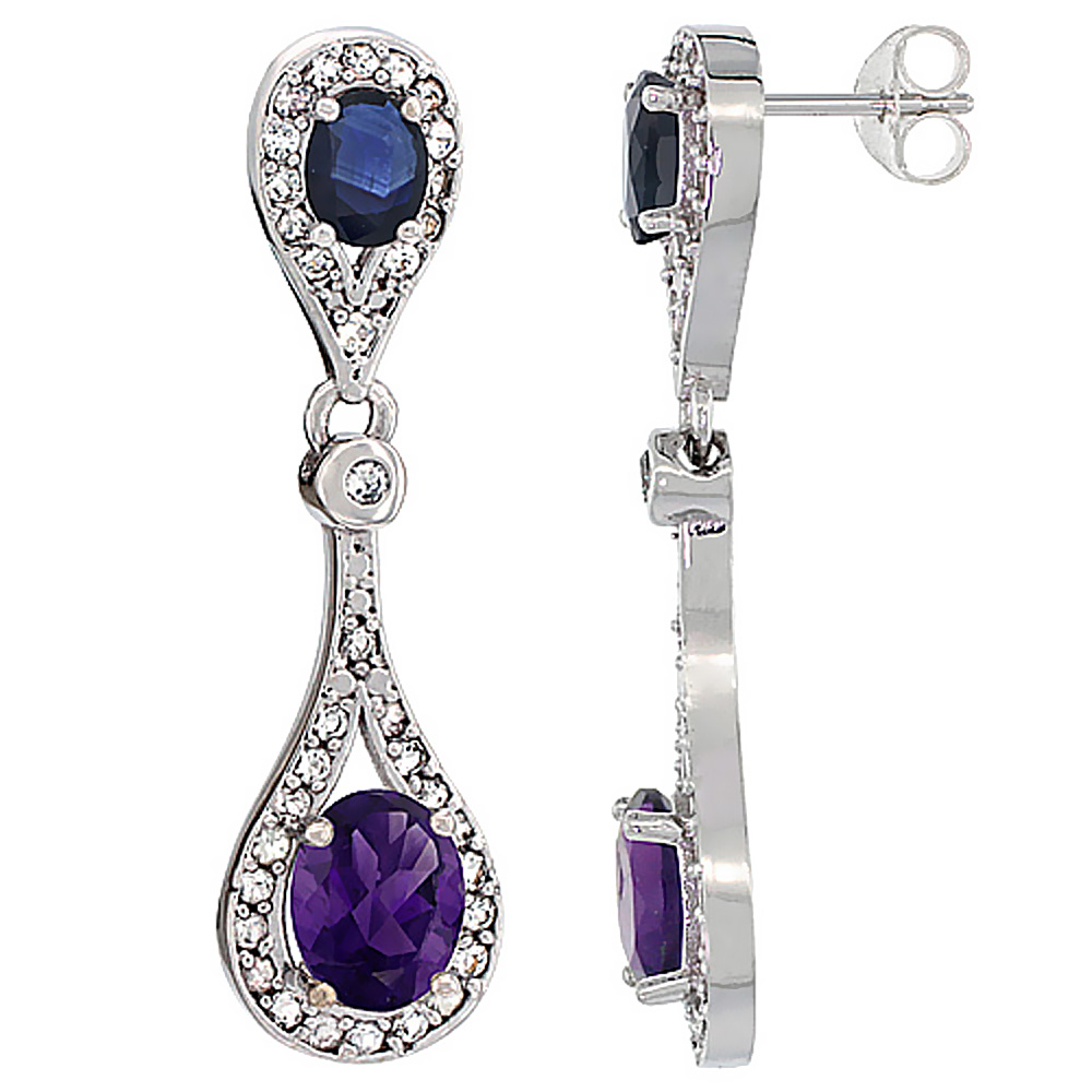 10K WHITE GOLD NATURAL AMETHYST & BLUE SAPPHIRE OVAL DANGLING EARRINGS WHITE SAPPHIRE & DIAMOND ACCENTS, 1 3/8 INCHES LONG